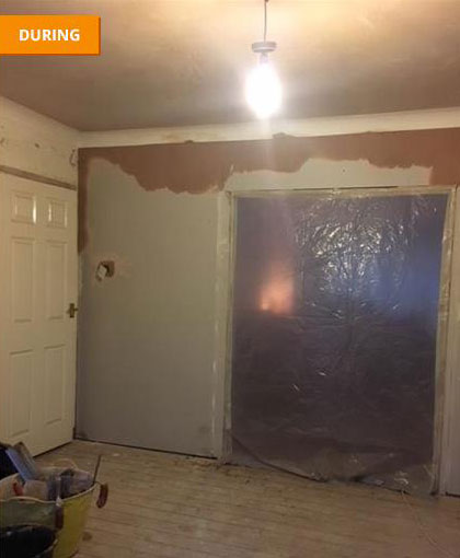 Living room re-plaster - Boarded ready for plastering, ceiling plastered