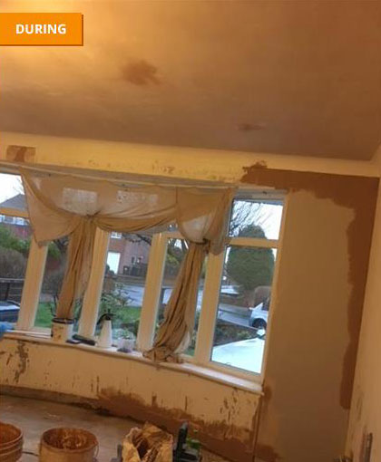 Living room re-plaster - Boarded ready for plastering, ceiling plastered