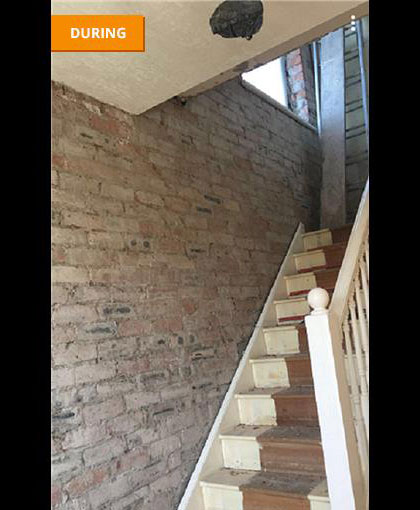 Staircase and passage re-board and plaster - Back to bare brick ready for re boarding