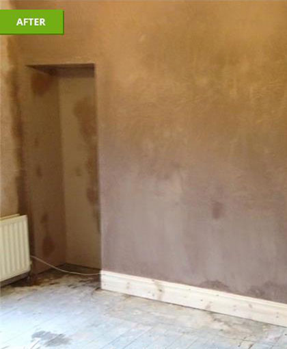 Living room re-plaster - Finished plastering, starting to dry out, alcove cupboard built